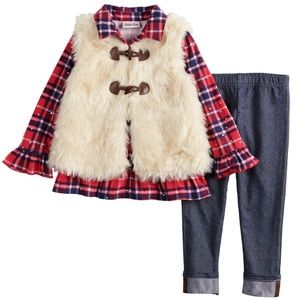 Plaid Sequin Henley Faux-Fur Vest & Jegging Set